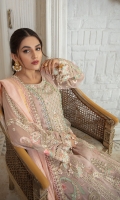 Organza Embroidered Front.  Organza Embroidered back.  Organza Embroidered Sleeves.  Dyed Viscose Dupatta.  Organza Embroidered Handmade Neck line.  Organza Embroidered Front and back border.  Organza Embroidered Sleeves border.  Organza Embroidered Dupatta Lace.  Jamawar trouser.