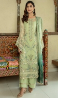 Chiffon Embroidered Handmade Front.  Chiffon Embroidered back.  Chiffon Embroidered Sleeves.  Organza Embroidered Front and back border.  Organza Embroidered Sleeves border.  Khadi Net Embroidered Dupatta.  Dyed Rawsilk Trouser