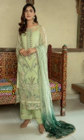 Chiffon Embroidered Handmade Front.  Chiffon Embroidered back.  Chiffon Embroidered Sleeves.  Organza Embroidered Front and back border.  Organza Embroidered Sleeves border.  Khadi Net Embroidered Dupatta.  Dyed Rawsilk Trouser