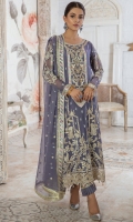 Chiffon Embroidered Front.  Chiffon Embroidered back.  Chiffon Embroidered Sleeves.  Chiffon Embroidered Dupatta.  Organza Embroidered Handmade Neck line.  Organza Embroidered Front and back border.  Organza Embroidered Sleeves lace.  Organza Embroidered trouser lace.  Dyed Raw silk Trouser.