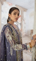 Chiffon Embroidered Front.  Chiffon Embroidered back.  Chiffon Embroidered Sleeves.  Chiffon Embroidered Dupatta.  Organza Embroidered Handmade Neck line.  Organza Embroidered Front and back border.  Organza Embroidered Sleeves lace.  Organza Embroidered trouser lace.  Dyed Raw silk Trouser.