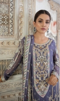 Chiffon Embroidered Front.  Chiffon Embroidered back.  Chiffon Embroidered Sleeves.  Chiffon Embroidered Dupatta.  Organza Embroidered Handmade Neck line.  Organza Embroidered Front and back border.  Organza Embroidered Sleeves lace.  Organza Embroidered trouser lace.  Dyed Raw silk Trouser.
