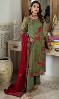 Organza Embroidered Front.  Organza Embroidered back.  Organza Embroidered Sleeves.  Chiffon Embroidered Dupatta.  Organza Embroidered Hand made Neck line.  Organza Embroidered Front and back border.  Organza Embroidered Sleeves border.  Organza Embroidered trouser border.  Dyed Raw silk Trouser.