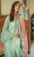 Chiffon Embroidered Handmade Front.  Chiffon Embroidered back.  Chiffon Embroidered Sleeves.  Organza Embroidered Front and back border.  Organza Embroidered Sleeves border.  Khadi Net Embroidered Dupatta.  Jamawar trouser.