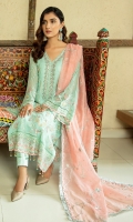 Chiffon Embroidered Handmade Front.  Chiffon Embroidered back.  Chiffon Embroidered Sleeves.  Organza Embroidered Front and back border.  Organza Embroidered Sleeves border.  Khadi Net Embroidered Dupatta.  Jamawar trouser.