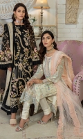 Chiffon Embroidered Adda Work Front.  Chiffon Embroidered back.  Chiffon Embroidered Sleeves.  Organza Embroidered Front and back border.  Organza Embroidered Sleeves lace.  Chiffon Embroidered Dupatta.  Dyed Raw silk Trouser.