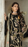 Chiffon Embroidered Adda Work Front.  Chiffon Embroidered back.  Chiffon Embroidered Sleeves.  Organza Embroidered Front and back border.  Organza Embroidered Sleeves lace.  Chiffon Embroidered Dupatta.  Dyed Raw silk Trouser.