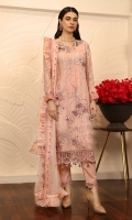 Chiffon Embroidered front. Organza Embroidered Hand work Neck line. Chiffon Embroidered back. Chiffon embroidered Sleeves. Chiffon Embroidered Dupatta. Organza Embroidered front, back border. Organza Embroider Dupatta border. Organza Embroidered Trouser border. Dyed Raw silk Trouser.