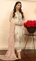Organza Embroidered front. Embroidered Hand made Neck line. Organza Embroidered back. Organza Embroidered sleeve. Chiffon Embroidered dupatta. Organza Embroidered sleeve patches. Organza Embroidered front, back border. Organza Embroidered Trouser border. Dyed Raw silk Trouser.