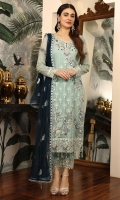 Chiffon Embroidered front. Organza Embroidered Hand made Neck line. Chiffon Embroidered back. Chiffon Embroidered sleeve. Chiffon Embroidered dupatta. Organza Embroidered front, back border. Organza Embroidered sleeve border Organza Embroidered Trouser border. Dyed Raw silk Trouser.