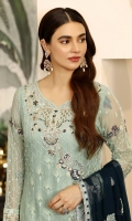 Chiffon Embroidered front. Organza Embroidered Hand made Neck line. Chiffon Embroidered back. Chiffon Embroidered sleeve. Chiffon Embroidered dupatta. Organza Embroidered front, back border. Organza Embroidered sleeve border Organza Embroidered Trouser border. Dyed Raw silk Trouser.