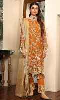 Chiffon Embroidered Adda Work front. Chiffon Embroidered back. Chiffon Embroidered sleeve. Organza Embroidered front back border. Organza Embroidered sleeve border. Zari Net dupatta. Organza Embroidered dupatta border. Organza Embroidered Trouser border. Dyed Raw silk Trouser