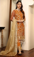 Chiffon Embroidered Adda Work front. Chiffon Embroidered back. Chiffon Embroidered sleeve. Organza Embroidered front back border. Organza Embroidered sleeve border. Zari Net dupatta. Organza Embroidered dupatta border. Organza Embroidered Trouser border. Dyed Raw silk Trouser