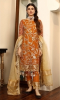 Chiffon Embroidered Adda Work front. Chiffon Embroidered back. Chiffon Embroidered sleeve. Organza Embroidered front back border. Organza Embroidered sleeve border. Zari Net dupatta. Organza Embroidered dupatta border. Organza Embroidered Trouser border. Dyed Raw silk Trouser