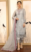 Chiffon Embroidered front.      Organza Embroidered Adda Work Neck line. Chiffon Embroidered back. Chiffon Embroidered sleeve. Chiffon Embroidered dupatta. Organza Embroidered front, back, sleeves border. Organza Embroidered Trouser border. Dyed Raw silk trouser