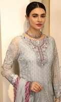 Chiffon Embroidered front.      Organza Embroidered Adda Work Neck line. Chiffon Embroidered back. Chiffon Embroidered sleeve. Chiffon Embroidered dupatta. Organza Embroidered front, back, sleeves border. Organza Embroidered Trouser border. Dyed Raw silk trouser