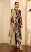 Chiffon Embroidered front. Chiffon Embroidered back. Chiffon Embroidered sleeve. Net Embroidered dupatta. Organza Embroidered Hand made Neck line. Organza Embroidered front, back border. Organza Embroidered sleeve border. Organza Embroidered Trouser Patches. Dyed Raw silk Trouser.