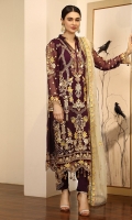 Chiffon Embroidered front. Chiffon Embroidered back. Chiffon Embroidered sleeve. Net Embroidered dupatta. Organza Embroidered Hand made Neck line. Organza Embroidered front, back border. Organza Embroidered sleeve border. Organza Embroidered Trouser Patches. Dyed Raw silk Trouser.