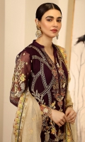 Chiffon Embroidered front. Chiffon Embroidered back. Chiffon Embroidered sleeve. Net Embroidered dupatta. Organza Embroidered Hand made Neck line. Organza Embroidered front, back border. Organza Embroidered sleeve border. Organza Embroidered Trouser Patches. Dyed Raw silk Trouser.