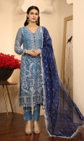 Chiffon Embroidered front. Organza Embroidered Hand work Neck line. Chiffon Embroidered back. Chiffon Embroidered sleeves. Khadi Net Embroidered Dupatta. Organza Embroidered front, back border. Organza Embroidered sleeve border. Organza Embroidered Trouser Patches. Dyed Raw silk Trouser.