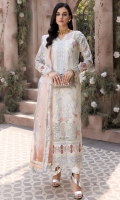Organza Embroidered Front.  Organza Embroidered Back.  Organza Embroidered Sleeves.  Organza Embroidered Front and Back Border.  Organza Embroidered Sleeves Border.  Net Embroidered dupatta.  Raw Silk trouser.