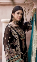 Organza Embroidered Front.  Organza Embroidered Back.  Organza Embroidered Sleeves.  Organza Embroidered Front, Back and Sleeves Lace.  Raw Silk Front and Back Border and patches.  Raw Silk Sleeves Lace.  Net Embroidered dupatta.  Raw Silk trouser