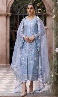 Net Embroidered Adda Work Front Right and Left panels.  Net Embroidered Back.  Net Embroidered Sleeves.  Organza Embroidered Front and Back Border.  Net Embroidered dupatta.  Dyed Raw Silk Trouser.
