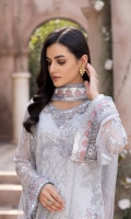 Chiffon Embroidered Front.  Chiffon Embroidered Back.  Chiffon Embroidered Sleeves.  Organza Embroidered Hand Made Neck Line.  Organza Embroidered Front and Back Border.  Organza Embroidered Sleeves Border.  Net Embroidered dupatta.  Jamawar trouser.