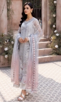 Chiffon Embroidered Front.  Chiffon Embroidered Back.  Chiffon Embroidered Sleeves.  Organza Embroidered Hand Made Neck Line.  Organza Embroidered Front and Back Border.  Organza Embroidered Sleeves Border.  Net Embroidered dupatta.  Jamawar trouser.