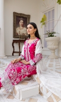 Chiffon Embroidered Front. Chiffon Embroidered Back. Chiffon Embroidered Sleeves. Organza Embroidered Hand Made Neck Line. Organza Embroidered Front and Back Border. Organza Embroidered Sleeves lace. Missouri dupatta with stone work. Raw Silk trouser.