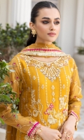 Chiffon Embroidered Front. Chiffon Embroidered Back. Chiffon Embroidered Sleeves. Chiffon Embroidered dupatta. Organza Embroidered Hand Made Neck Line. Organza Embroidered Front and Back Border Organza Embroidered Sleeves lace. Raw Silk trouser.