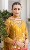 Chiffon Embroidered Front. Chiffon Embroidered Back. Chiffon Embroidered Sleeves. Chiffon Embroidered dupatta. Organza Embroidered Hand Made Neck Line. Organza Embroidered Front and Back Border Organza Embroidered Sleeves lace. Raw Silk trouser.