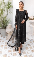 Organza Embroidered front. Organza Embroidered back. Organza Embroidered Sleeves. Organza Embroidered Hand Made Neck Line. Organza Embroidered Front and Back Border. Organza Embroidered Sleeves lace. Net Embroidered dupatta. Raw Silk trouser.