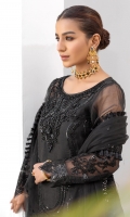 Organza Embroidered front. Organza Embroidered back. Organza Embroidered Sleeves. Organza Embroidered Hand Made Neck Line. Organza Embroidered Front and Back Border. Organza Embroidered Sleeves lace. Net Embroidered dupatta. Raw Silk trouser.