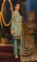 Embroidered Chiffon Front Chiffon Back Embroidered Organza Front, Back Border Embroidered chiffon Sleeves Organza Embroidered Motifs for Sleeves Embroidered Net Pallu for Dupatta Net Dupatta Russian Grip Trouser