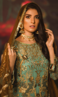 Embroidered Chiffon Front Chiffon Back Embroidered Organza Front, Back Border Embroidered chiffon Sleeves Organza Embroidered Motifs for Sleeves Embroidered Net Pallu for Dupatta Net Dupatta Russian Grip Trouser