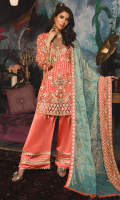 Chiffon Front with HANDWORK and Embroidery Embroidered Chiffon Back Organza Front Back Border Embroidered Chiffon Sleeves with Handwork Mesouri Embroidered Dupatta Embroidered Lace for Dupatta Russian Grip Trouser
