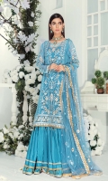 FRONT CHIFFON EMBROIDERED FRONT PANEL WITH ELEGANT SEQUENCE WORK BACK: CHIFFON EMBROIDERED BACK PANEL SIDE PANEL: CHIFFON EMBROIDERED FABRIC FOR SIDE AND BACK TAIL BORDER ORGANZA EMBROIDERED FRONT, BACK BORDER SLEEVES CHIFFON EMBROIDERED DUPPATTA NET EMBROIDERED TROUSER DYED RAWSILK ACCESSORIES