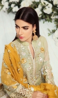 FRONT: CHIFFON EMBROIDERED WITH HAND WORK. BACK CHIFFON EMBROIDERED. SLEEVES: CHIFFON EMBROIDERED. BORDER: ORGANZA EMBROIDERED FRONT, BACK , SLEEVES BORDER. DUPPATA: CHIFFON EMBROIDERED. TROUSER DYED RAWSILK EMBROIDERED TROUSER. ACCESSORIES