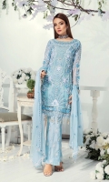 FRONT: CHIFFON EMBROIDERED WITH HAND WORK. BACK CHIFFON EMBROIDERED SLEEVES: CHIFFON EMBROIDERED. BORDER: ORGANZA EMBROIDERED FRONT, BACK BORDER DUPPATA: CHIFFON EMBROIDERED TROUSER DYED RAWSILK EMBROIDERED TROUSE ACCESSORIES