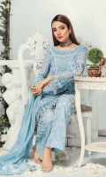 FRONT: CHIFFON EMBROIDERED WITH HAND WORK. BACK CHIFFON EMBROIDERED SLEEVES: CHIFFON EMBROIDERED. BORDER: ORGANZA EMBROIDERED FRONT, BACK BORDER DUPPATA: CHIFFON EMBROIDERED TROUSER DYED RAWSILK EMBROIDERED TROUSE ACCESSORIES