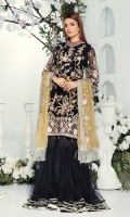 FRONT: CHIFFON EMBROIDERED WITH HAND WORK. BACK CHIFFON EMBROIDERED SLEEVES: CHIFFON EMBROIDERED. ORGANZA EMBROIDERED PATCH BORDER: ORGANZA EMBROIDERED FRONT, BACK BORDER DUPPATA: CHIFFON EMBROIDERED TROUSER DYED RAWSILK EMBROIDERED TROUSER NET FABRIC FOR GHARARA ACCESSORIES
