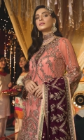 Chiffon Embroidered Dori Work Front  Chiffon Embroidered Back  Chiffon Embroidered Sleeves  Hand Made Neck Line  Hand Made Bunch for Front  Embroidered Chiffon Dupatta  Net Embroidered Trouser  Jamawar Fabric for Linning  Accessories