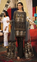 Chiffon Embroidered Front with Hand Work  Embroidered Chiffon Back  Embroidered chiffon Sleeves  Chiffon Dupatta  Embroidered Net Pallu for Dupatta  Russian Grip Trouser  Accessories