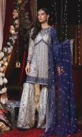 Chiffon Embroidered Front with Sequence Work  Embroidered Chiffon Back  Chiffon Embroidered Sleeves  Chiffon Embroidered Dupatta  Net Embroidered Fabric for Gharara Jamawar  linning for Trouser  Accessories