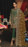 Chiffon Embroidered Front  Chiffon Embroidered sleeves  Organza Front, Back daman patch  Chiffon Embroidered Dupatta  Embroidered Trouser Patch  Raw silk Trouser  Accessories