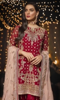 Chiffon Embroidered Front  Chiffon Embroidered Back  Chiffon Embroidered sleeves  Organza Front, Back daman patch  Chiffon Embroidered Dupatta  Raw silk Trouser  Accessories