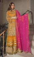 Front Sequence Embroidered Chiffon Back Sequence Embroidered Back Border Sequence Embroidered front, Back Border on Organza Sleeves Sequence Embroidered Chiffon Dupatta Sequence Embroidered Chiffon Dupatta Trouser Dyed Russian Grip Net Fabric Laces and jamawar