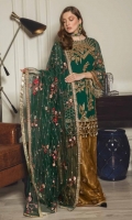 Front Sequence Dori work on chiffon Back Sequence Embroidered on Chiffon Border Front back embroidered border on Organza Sleeves Sequence Embroidered on Chiffon Duppatta Net Embroidered Dupatta Trouser Plain Net with separate Embroidered Flowers Jamawar for Trouser Lining