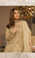 Front Sequence Embroidered front on chiffon Back Sequence Embroidered Back on chiffon Border Sequence embroidered on Organza Sleeves Sequence Embroidered on Chiffon Dupatta Plain fabric of Chiffon Embroidered Pallu Trouser Russian Grip